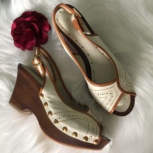 BCBGirls Cream & Brown Wedge Peep Toe Sandals
